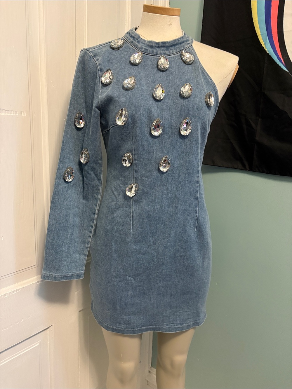 One-Shoulder Denim Mini Dress with Crystal Embellishments - Blue